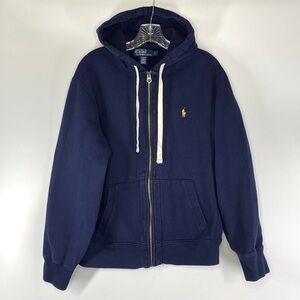 Vintage Polo By Ralph Lauren Navy Blue Full Zip Hooded Sweatshirt Yellow Pony L